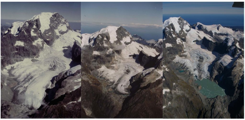 Comparative images of Donne Glacier, New Zealand, from left to right, 1981, 1998, 2009. Source: Trevor Chinn